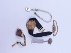 A LADIES 9ct GOLD WATCH AND ONE OTHER TOGETHER WITH A GENTS ETERNA-MATIC WATCH AND VARIOUS SILVER