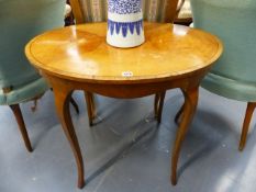 A 19th.C.SATINWOOD AND CROSSBANDED OVAL CENTRE TABLE ON SLENDER CABRIOLE LEGS. W.76cms.