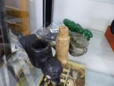 TWO NORTH AMERICAN INDIAN CARVED STONE EFFIGY PIPES, A LACQUER PIPE, A STONEWARE BEAD MARKED CLARK &