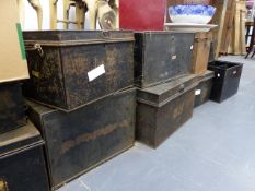 TEN VARIOUS ANTIQUE TIN DEED OR DOCUMENT BOXES.