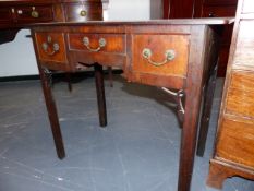 A GEO.III.MAHOGANY LOWBOY WITH THREE FRIEZE DRAWERS. W.86cms.