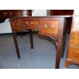 A GEO.III.MAHOGANY LOWBOY WITH THREE FRIEZE DRAWERS. W.86cms.