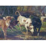 CIRCLE OF HENRY SCHOUTEN. (1864-1927) CATTLE WATERING, OIL ON CANVAS. 33.5 x 56cms TOGETHER WITH TWO