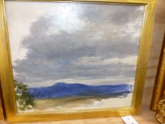 ATTIRBUTED TO JOSEPH FARQUARSON ( 1846-1935). A LANDSCAPE SKETCH, OIL ON BOARD. 29 x 34cms.