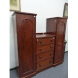 A SMALL LATE VICTORIAN MAHOGANY PILLAR BOX WARDROBE WITH FIVE DRAWERS FLANKED BY HANGING