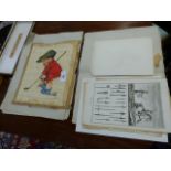 A SMALL COLLECTION OF UNFRAMED ANTIQUE AND LATER PRINTS, PICTURES,ETC TO INCLUDE A GROUP OF 18th.C.