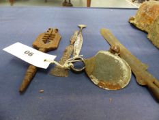 AN AFRICAN NGIGLIO FINGER KNIFE- KENYA, A BELL FINGER RING, A MIDDLE EASTERN IRON CLASP KEY AND A