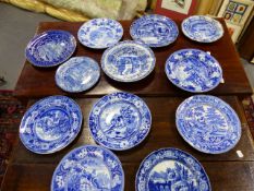 A COLLECTION OF TWELVE ANTIQUE BLUE AND WHITE TRANSFER PRINTED POTTERY PLATES OF VARIOUS PATTERNS TO