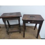 A 17th/18th.C. OAK JOINT STOOL WITH LATER TOP TOGETHER WITH A FURTHER STOOL WITH S FORM PIERCED