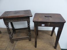 A 17th/18th.C. OAK JOINT STOOL WITH LATER TOP TOGETHER WITH A FURTHER STOOL WITH S FORM PIERCED