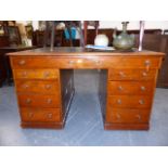 A 19th.C.MAHOGANY TWIN PEDESTAL PARTNER'S DESK. W.136 x D.105 x H.77cms.