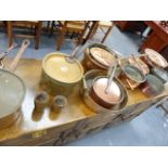 A LARGE COLLECTION OF 19th.C.AND LATER COPPER AND BRASS SAUCEPANS, JAMPANS,ETC.
