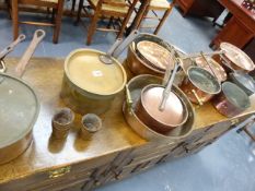 A LARGE COLLECTION OF 19th.C.AND LATER COPPER AND BRASS SAUCEPANS, JAMPANS,ETC.