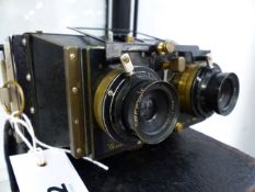 A RARE ANTIQUE STEREOSCOPIC CAMERA SIGNED GUEIUN & Co.,PARIS WITH CP GOERTZ-DAGOR 1:6.8 F72 LENS.