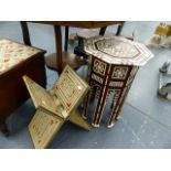 A SYRIAN INLAID KORAN STAND TOGETHER WITH A BONE AND MOTHER OF PEARL INLAID OCTAGONAL TABLE OF