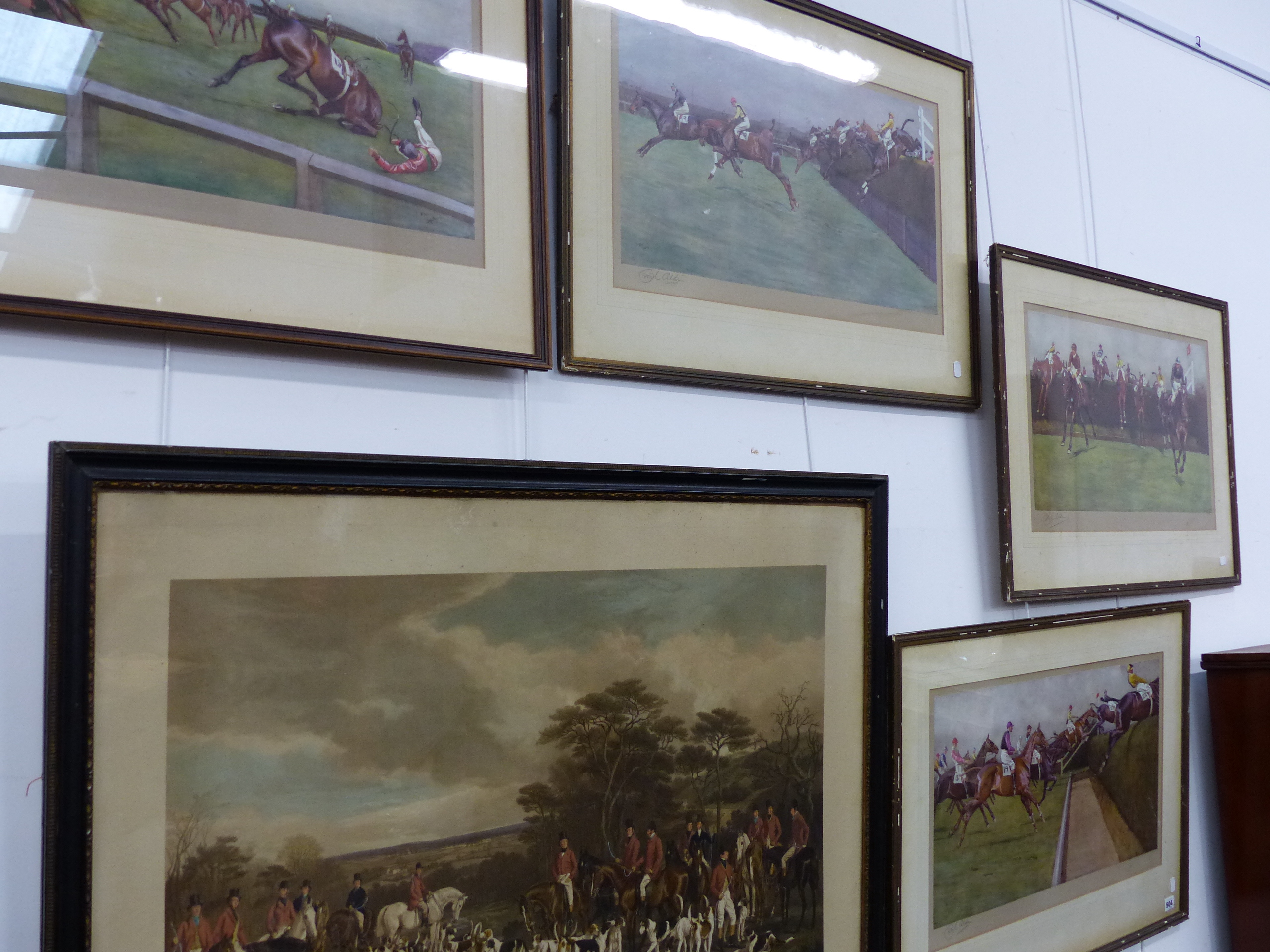 FOUR VINTAGE COLOUR STEEPLE CHASE PRINTS AFTER CECIL ALDIN, ALL PENCIL SIGNED 38 x 66cms TOGETHER