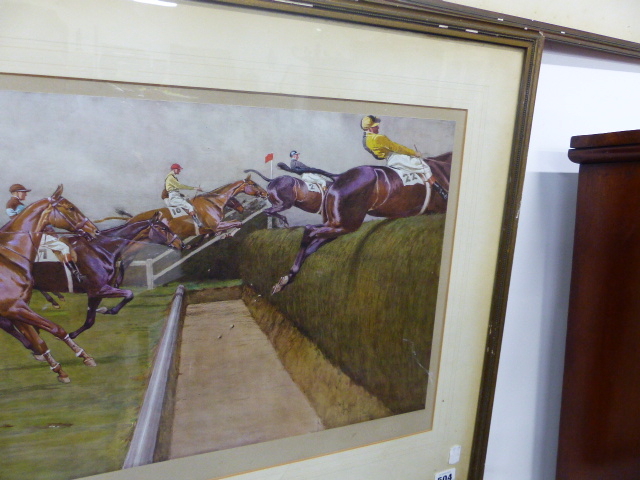 FOUR VINTAGE COLOUR STEEPLE CHASE PRINTS AFTER CECIL ALDIN, ALL PENCIL SIGNED 38 x 66cms TOGETHER - Image 7 of 23