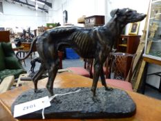 AN ANTIQUE BRONZE FIGURE OF A WHIPPET SIGNED P.J.MENE. H.22cms.