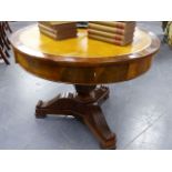 A 19th.C.FLAME MAHOGANY DRUM TABLE WITH FOUR NUMBERED DRAWERS. DIA.96cms.