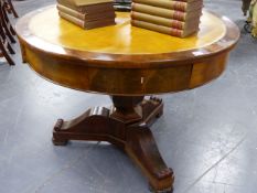 A 19th.C.FLAME MAHOGANY DRUM TABLE WITH FOUR NUMBERED DRAWERS. DIA.96cms.