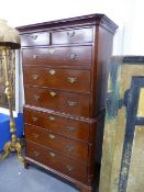 AN EARLY 19th.C.MAHOGANY CHEST ON CHEST ON SHAPED BRACKET FEET. W.107 x H.186cms.