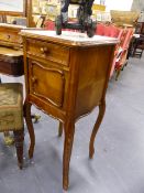 TWO ANTIQUE FRENCH WALNUT MARBLE TOP BEDSIDE CABINETS ON SHAPED CABRIOLE LEGS.