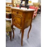 TWO ANTIQUE FRENCH WALNUT MARBLE TOP BEDSIDE CABINETS ON SHAPED CABRIOLE LEGS.