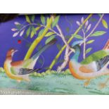 A PAIR OF CHINESE STYLE WATERCOLOURS ON SILK WALLPAPER OF BIRDS AMIDST FOLIAGE BY FROMENTAL. 92 x
