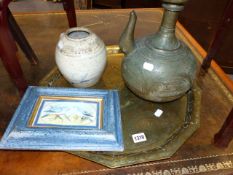 AN INTERESTING EASTERN PAINTING ON PANEL DEPICTING TWO PIGEONS, AN EASTERN KETTLE, A BRASS TRAY