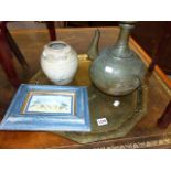 AN INTERESTING EASTERN PAINTING ON PANEL DEPICTING TWO PIGEONS, AN EASTERN KETTLE, A BRASS TRAY