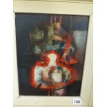 DAVID WALSH (ARR) 20th.C.SCHOOL. RED TABLE PIECE, A SIGNED OIL ON BOARD WITH GALLERY LABEL VERSO. 30