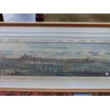 AN 18th.C.HAND COLOUREDPRINT DEPICTING THE NORTH WEST PROSPECT OF THE CITY OF WELLS. 30 x 80cms.