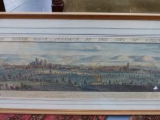 AN 18th.C.HAND COLOUREDPRINT DEPICTING THE NORTH WEST PROSPECT OF THE CITY OF WELLS. 30 x 80cms.