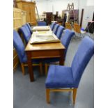 A SET OF TEN GOOD QUALITY MODERN SUEDE UPHOLSTERED DINING CHAIRS.