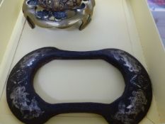 AN INTERESTING EARLY CHINESE WHOURGT IRON AND SILVER INLAID STRAP MOUNT DECORATED WITH CARP AND