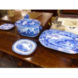 FOUR PIECES OF ANTIQUE BLUE AND WHITE TRANSFER PRINTED POTTERY, A COVERED TUREEN, A LARGE MEAT PLATE
