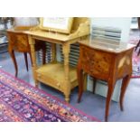 A PAIR OF CONTINENTAL PARQUETRY INLAID THREE DRAWER SMALL CHESTS ON SHAPED LEGS WITH BRASS FEET.