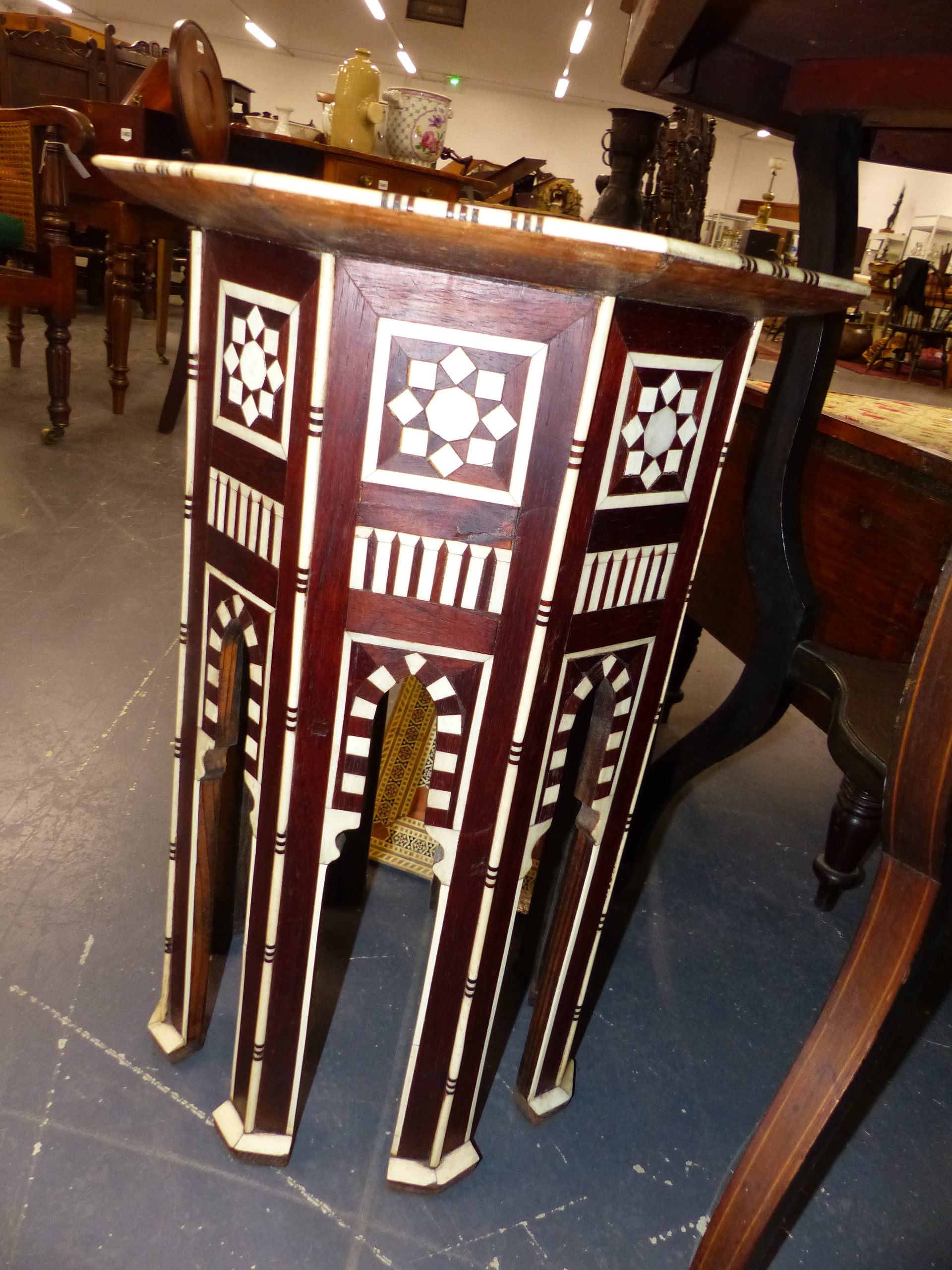 A SYRIAN INLAID KORAN STAND TOGETHER WITH A BONE AND MOTHER OF PEARL INLAID OCTAGONAL TABLE OF - Image 6 of 6