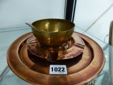 A COPPER ARTS AND CRAFTS CARD TRAY BY THE BIRMINGHAM GUILD,LTD, A SIMILAR ASHTRAY WITH IMPRESSED