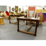 A PAIR OF LATE 19th.C.OAK TABLES ON TURNED SUPPORTS UNITED BY STRETCHERS. 145 x 107 x 77cms.