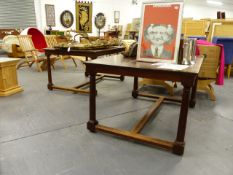 A PAIR OF LATE 19th.C.OAK TABLES ON TURNED SUPPORTS UNITED BY STRETCHERS. 145 x 107 x 77cms.