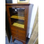 AN ANTIQUE BURR WALNUT GLAZED CABINET WITH THREE DRAWERS ON TALL BRACKETED LEGS. W.52 x H.123cms.