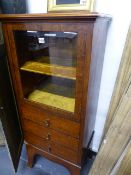 AN ANTIQUE BURR WALNUT GLAZED CABINET WITH THREE DRAWERS ON TALL BRACKETED LEGS. W.52 x H.123cms.