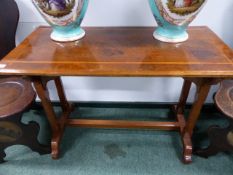 AN ARTS AND CRAFTS ,MAHOGANY AND INLAID SIDE TABLE ON CHAMFERRED SUPPORTS AND STRETCHERS. W.112 x