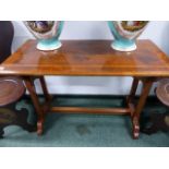 AN ARTS AND CRAFTS ,MAHOGANY AND INLAID SIDE TABLE ON CHAMFERRED SUPPORTS AND STRETCHERS. W.112 x