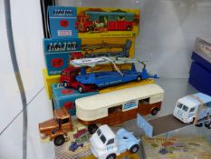 TWO CORGI MAJOR CAR TRANSPORTERS, A CORGI MAJOR CIRCUS HORSE TRANSPORTER, A RACING STABLES