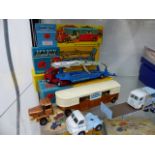 TWO CORGI MAJOR CAR TRANSPORTERS, A CORGI MAJOR CIRCUS HORSE TRANSPORTER, A RACING STABLES