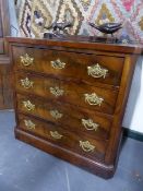 A SMALL FRENCH FLAME MAHOGANY CHEST OF FOUR LONG DRAWERS. W.75 x H.73cms.