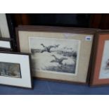 ENGLISH 20th.C.SCHOOL. TWO PENCIL SIGNED ETCHINGS OF DUCKS TOGETHER WITH OTHER VICTORIAN PRINTS.