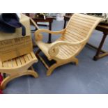 A GOOD QUALITY HARDWOOD STEAMER CHAIR AND STOOL.